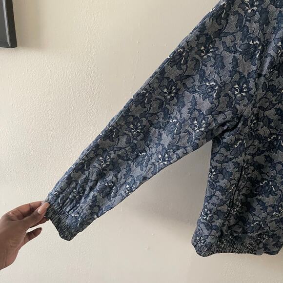 J. Crew Factory Denim Floral Print Bomber Jacket Womens Small Blue Casual Chic - Picture 4 of 10